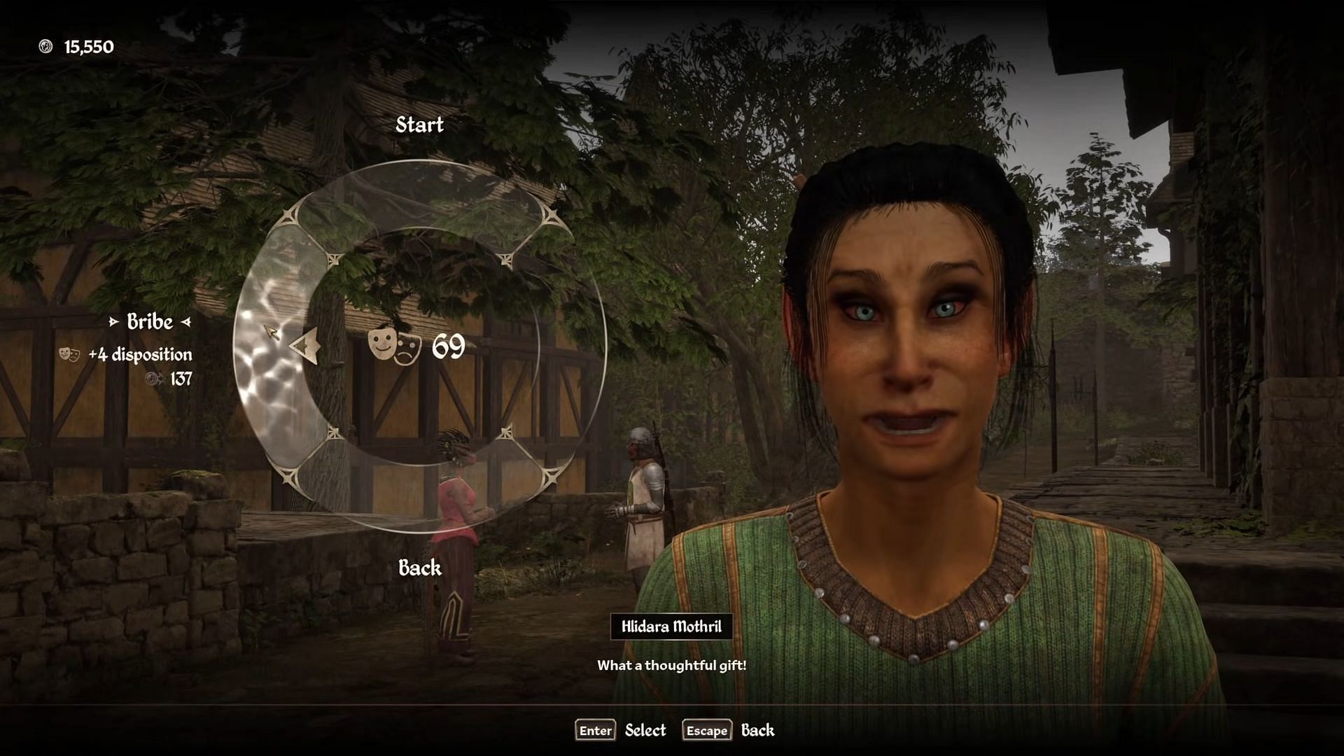 Bribing Hlidara Mothril in Ahdaji’s Heirloom quest (Image via Bethesda || YouTube/@Kibbles Gaming)